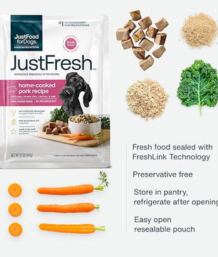 JustFoodForDogs JustFresh Home-Cooked Pork Dog Food with No Preservatives, Resealable Package, Human Grade Wet Dog Food, 12 oz - 7 Pack