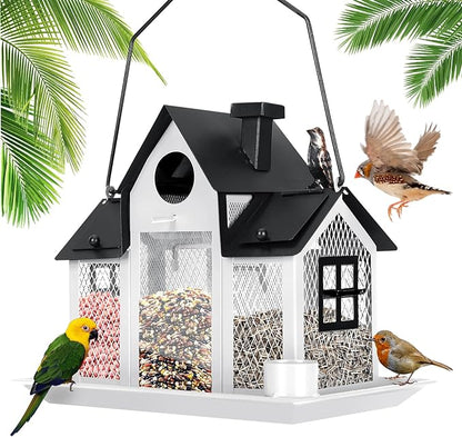 Solar Bird Feeders House for Outside Hanging, Metal Wild Bird Feeder for Outdoors Large Capacity Cardinal Birdfeeder Birdhouses Metal Bird Feeding Station White