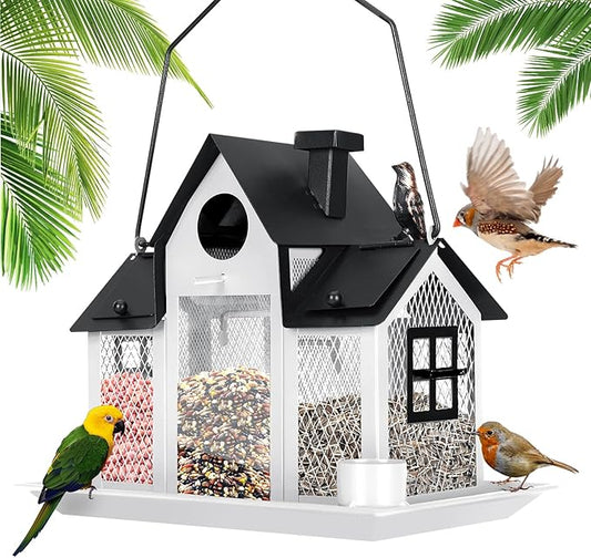 Solar Bird Feeders House for Outside Hanging, Metal Wild Bird Feeder for Outdoors Large Capacity Cardinal Birdfeeder Birdhouses Metal Bird Feeding Station White