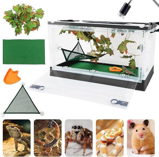 Travel Portable Foldable Terrarium Kits for Reptiles -Heat-Resistant Material, Easy to Move with Wheels, Includes Plant, Feeding Bowl, and Carpet for Snakes, Lizards, Tortoises, and Leopard