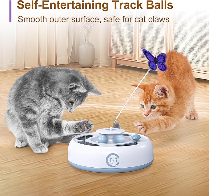 Cat Toys 3 in1 Automatic Interactive Kitten Toy, Moving Ambush Mouse, Fluttering Butterfly, Track Balls, USB Powered, Indoor Exercise Kicker, Mouse Catching Game (Bright White)