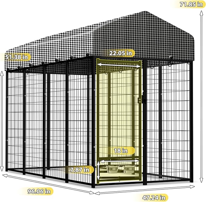 Large Outside Dog Kennel, Outdoor Dog Run Enclosure 8'x4'x6' Dog Pen House with Roof Cover Heavy Duty Welded Wire Steel Dog Playpen Animal Fence with Feeding Door