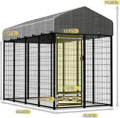 Large Outside Dog Kennel, Outdoor Dog Run Enclosure 8'x4'x6' Dog Pen House with Roof Cover Heavy Duty Welded Wire Steel Dog Playpen Animal Fence with Feeding Door