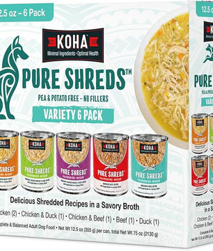 KOHA Pure Shreds Dog Variety Pack, High Protein Wet Dog Food- 5 Flavors - Beef, Duck, Chicken & Duck and Chicken & Beef Food for Dogs - 12.5oz Cans, Pack of 6