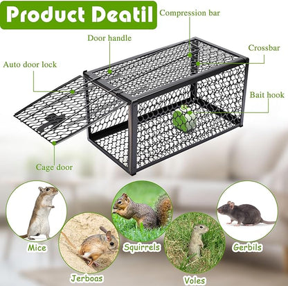 Qualirey 2 Pcs Humane Rat Trap Chipmunk Rodent Mouse Squirrel Trap 11 x 6 x 6 Inches Live Animal Mouse Voles Hamsters Live Cage Rat Cage for Mice Easy to Catch and Release, Black