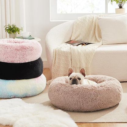 Love's cabin Calming Cat Bed for Indoor Cats,Anti-Anxiety Donut Round Dog Bed,Fluffy Faux Fur Washable Pet Bed for Small Medium Dogs and Cats,Black,20in
