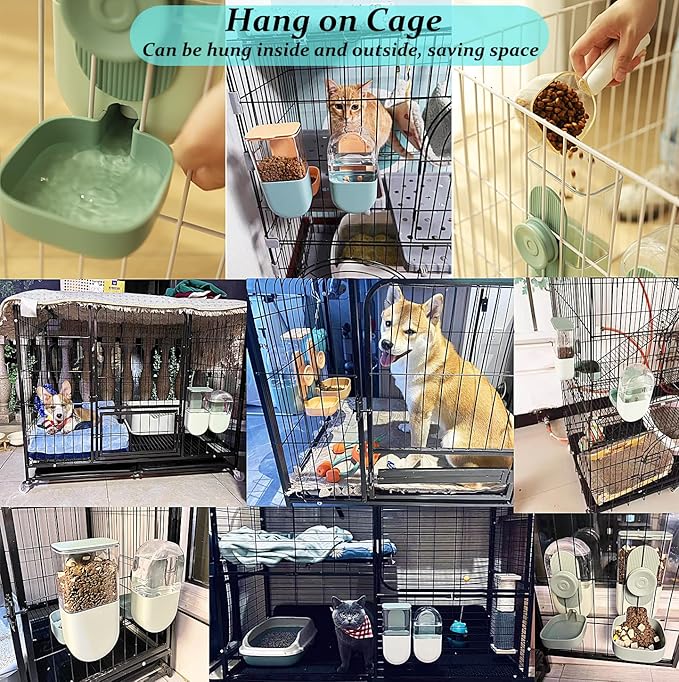 Kenond 35oz Hanging Automatic Pet Food Water Dispenser, Auto Gravity Pet Feeder and Waterer Set, Cage Cat Food Bowl Dog Feeding Station for Puppy and Kitten Rabbit Chinchilla Hedgehog Ferret (Green)