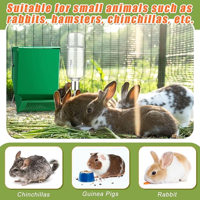 Maxcheck 2 Pack Rabbit Feeder and 12 oz Water Bottle for Cages Pet Food Water Dispenser with Lid Metal Feeders Outside for Guinea Pig Hamsters Chinchillas Gerbils and Other Small Animals(2 Lbs)