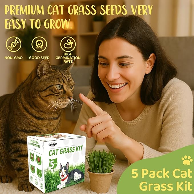 5Pack Cat Grass Seeds Kit - Cat Grass Seeds Growing Set for Indoor Cats, Non GMO Wheat Seed, Nutrient Soil & Planting Tools, Quick Germination, Perfect for Beginners