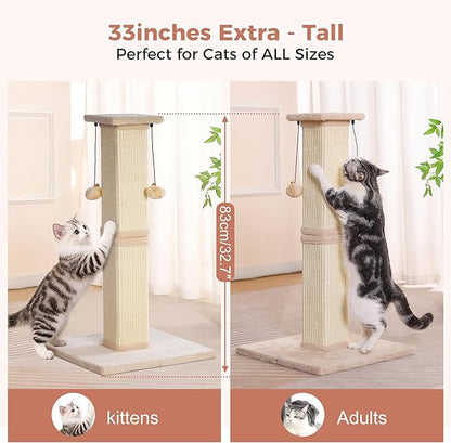 Large Cat Scratching Post with Heavy Duty Base 33" Sturdy Square Sisal Scracher Post and 2 Interactive Hanging Balls for Big Cats-Beige