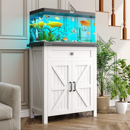 20 Gallon Fish Tank Stand with Power Outlets, Farmhouse Decorative Aquarium Stand Furniture with Adjustable Shelves, 10-20 Gallon Reptile Turtle Tank Stand with Cabinet Storage (White, 20GL)