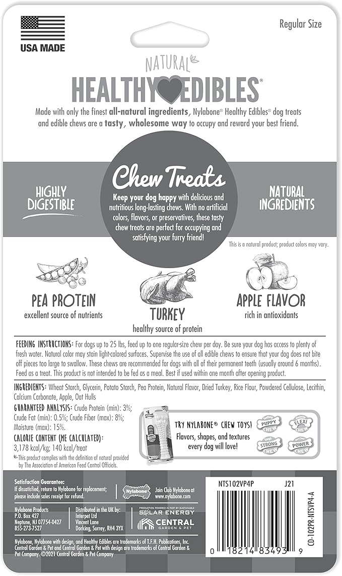 Nylabone Healthy Edibles Natural Dog Chews Long Lasting Turkey & Apple Flavor Treats for Dogs, Small/Regular (4 Count)