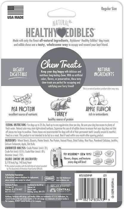 Nylabone Healthy Edibles Natural Dog Chews Long Lasting Turkey & Apple Flavor Treats for Dogs, Small/Regular (4 Count)