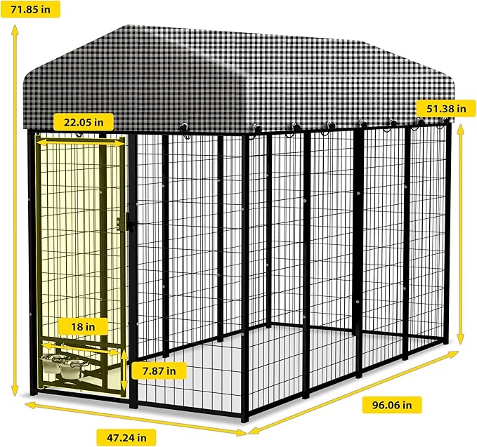 HITTITE 8x4x6 FT Large Outdoor Dog Kennel, Expandable Modular Dog Kennel Outside with Rotate Feeding Door, Heavy Duty Welded Wire Steel Dog Run Dog Playpen Fence with Black Roof Cover for Backyard