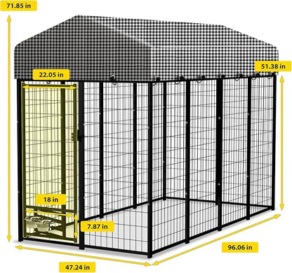 HITTITE 8x4x6 FT Large Outdoor Dog Kennel, Expandable Modular Dog Kennel Outside with Rotate Feeding Door, Heavy Duty Welded Wire Steel Dog Run Dog Playpen Fence with Black Roof Cover for Backyard