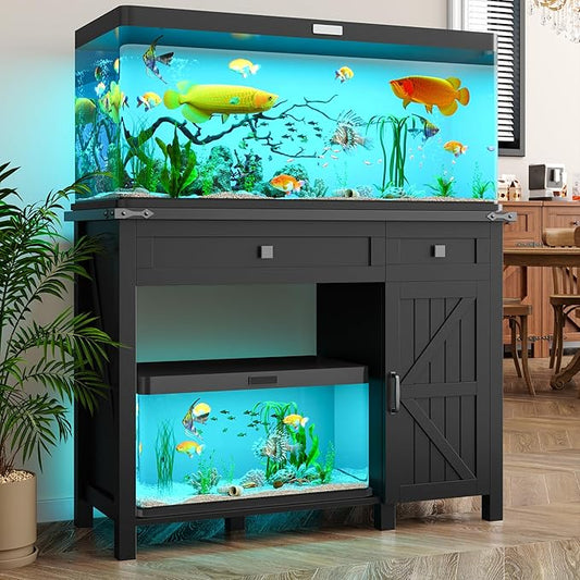 40 Gallon Fish Tank Stand with Power Outlets, Farmhouse Decorative Aquarium Stand Furniture with Adjustable Shelves and Drawer, Reptile Turtle Tank Stand with Cabinet Storage (Black, 30-40GL)