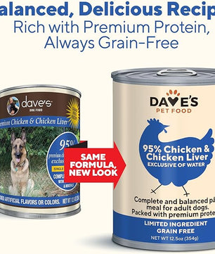 Dave's Pet Food Grain Free Wet Dog Food (95% Chicken & Chicken Liver), Made in USA Single-Source Protein, Limited Ingredients, 12.5 oz Cans (12 Pack)