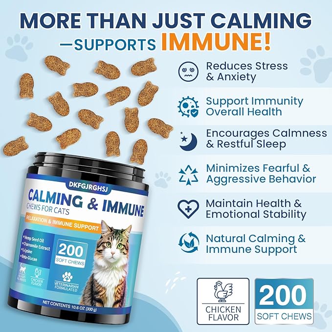 Cat Calming Treats, 200 Hemp Calm Soft Chews to Soothe Stressed Cats Anxiety Relief Reduce Stress & Promote Relaxation Immune Support Chicken Flavored