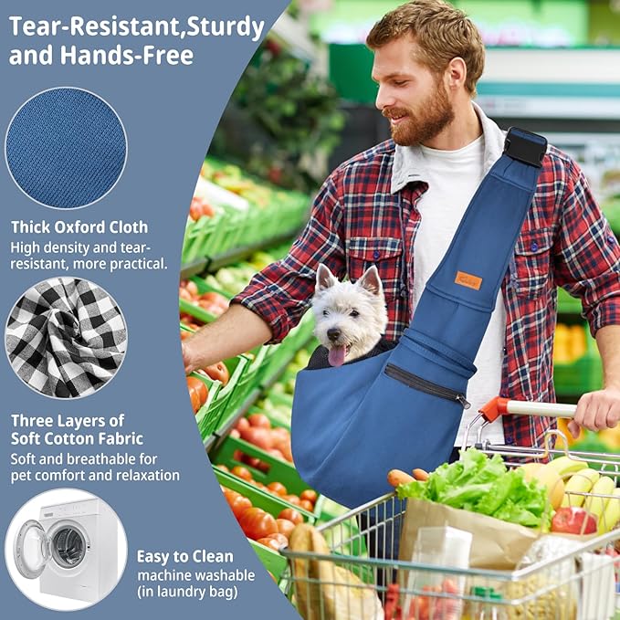 CUBY Dog and Cat Sling Carrier - Small Dog Carrier Sling with Adjust Strap & Zip Pocket, Hands Free Soft Dog Slings for Small Dogs Cats Puppy Pets Outdoor Travel Safety Purse Bag (Navy Blue)