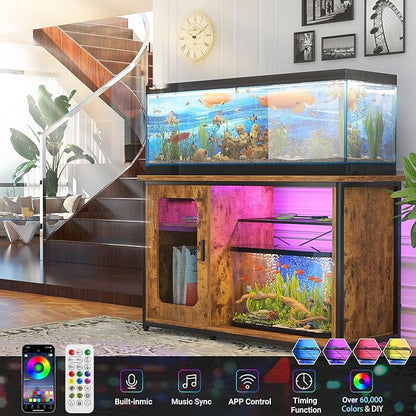 55-75 Gallon Fish Tank Stand with Power Outlets & LED Light, Reversible Heavy Duty Metal Aquarium Stand with Cabinet for Fish Tank Accessories Storage, Turtle/Reptile Terrariums, Rustic