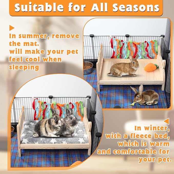 BWOGUE Large Wooden Rabbit Bed, 2 in 1 Folding Wooden Pet Bed with Removable Cushion Small Animals Bed for Rabbits Bunny Guinea Pigs Kittens Puppy Sleeping Habitat (20.5" x 14.3")