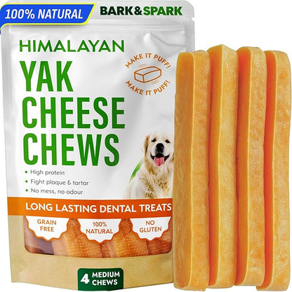 BARK&SPARK Yak Cheese Himalayan Dog Chews - 100% Natural & Long Lasting Dog Treats, Yak Milk Chews for Small, Medium & Large Dogs, Lactose & Gluten Free Dental Sticks, Healthy & Safe (4 Medium Chews)