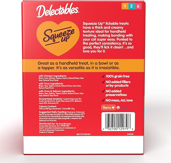 Delectables Squeeze Up Variety Pack, Creamy Squeezable Puree, Lickable Wet Cat Treats, Grain Free, No Added Fillers, No by-Products, No Added Preservatives, 0.5 Ounces Tube, 72 Tubes Total