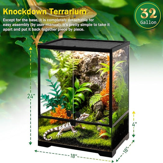 32 Gallon Professional Glass Terrarium 18"x18"x24" Durable Reptile Habitat Tank with Heat Resistant Aluminum Alloy Frame, Dual Front Swinging Doors for no Jam by Sand and Other Debris