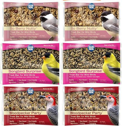 Blue Seal Suet Treat Bars for Wild Birds - No Mess Suet Feed, Food for Woodpeckers, Cardinals, Siskins, Sparrows & More - 8 oz Suet Feeder, Bird Seed Cakes (Variety Pack of 6)