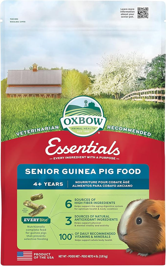 Oxbow Essentials Senior Guinea Pig Food, Made with Oxbow Alfalfa for Guinea Pig, Pet Food Pellets with Vitamin C, Small Animal Pet Products, Made in USA, High Fiber, 4 lb. Bag
