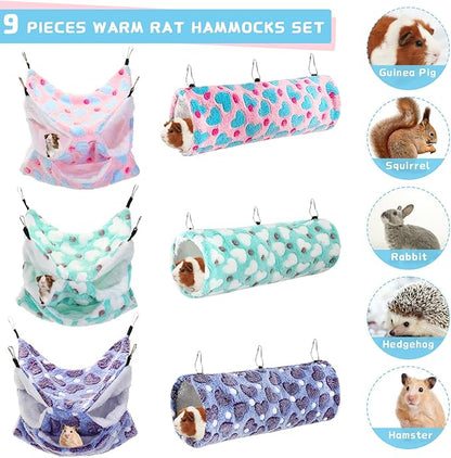 Abbylike 9 Pieces Rat Hammock 3 Tier Guinea Pig Ferret Hammocks Small Pet Hanging Tunnel Glider Toy Guinea Pig Ferret Hideout Bed Cage Accessories for Hamster(Green, Purple, Pink,Heart)