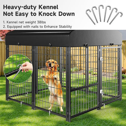 Outdoor Dog Kennel with Roof, Weatherproof Dog Kennel Outside with Removable Doggy Door, Backyard Dog Run Playpen Pet Enclosures for Medium to Small Dogs (4'L x 4'W x 4.6'H)