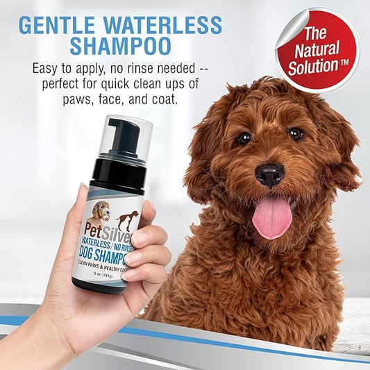 PetSilver Waterless Dog Shampoo - No Rinse Bath & Dry Shampoo for Dogs - Odor Control for Smelly Coats - Cleans, Conditions & Moisturizes - Hypoallergenic & Fragrance-Free - Patented Silver - 5 fl oz
