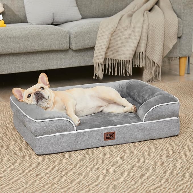 EHEYCIGA Orthopedic Dog Beds for Large Dogs, Waterproof Memory Foam Large Dog Bed with Sides, Non-Slip Bottom and Egg-Crate Foam Pet Couch Bed with Washable Removable Cover, Grey