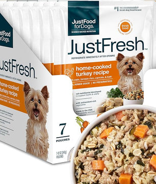 JustFoodForDogs JustFresh Home-Cooked Turkey Dog Food with No Preservatives, Resealable Packaging, Human Grade Wet Dog Food, 12 oz - 7 Pack