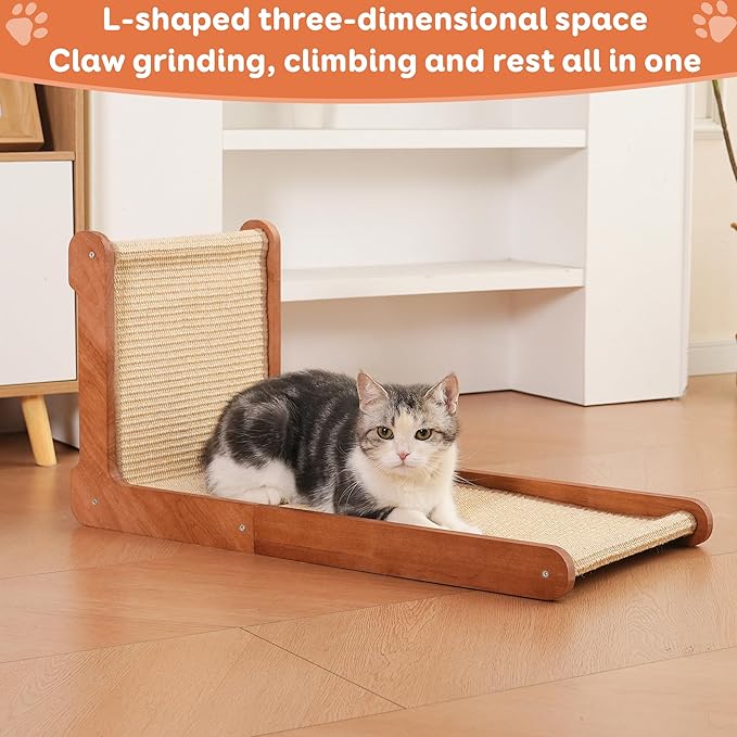 Large Cat Scratching Post for Indoor Cats,26.8'' Solid Wood Frame Natural Sisal L Shape Cat Scratch Pad, Vertical Cat Scratcher,Cat Scratching Board Cat Scratch Post,Perfect Cat Furniture