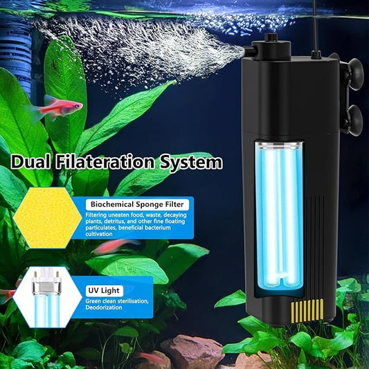 fishkeeper Aquarium Filter U-V for 30-100 Gallon, 172 GPH Fish Tank Filter for Green Water and Algae Clean, Ultra Silent Submersible Pump Filter with Adjustable Bubble Output for Deodorization Killing