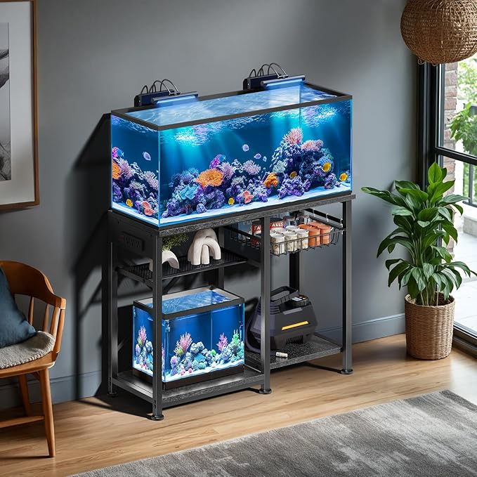 20-29 Gallon Aquarium Stand with 6 ft Power Strip, 5-Tier Metal Frame Fish Tank Stand 20 Gallon Fish Tank Stand 31.5" L*15.75" W Tabletop 400lbs Capacity (Pure Black, 20-29 Gallon)