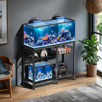 20-29 Gallon Aquarium Stand with 6 ft Power Strip, 5-Tier Metal Frame Fish Tank Stand 20 Gallon Fish Tank Stand 31.5" L*15.75" W Tabletop 400lbs Capacity (Pure Black, 20-29 Gallon)