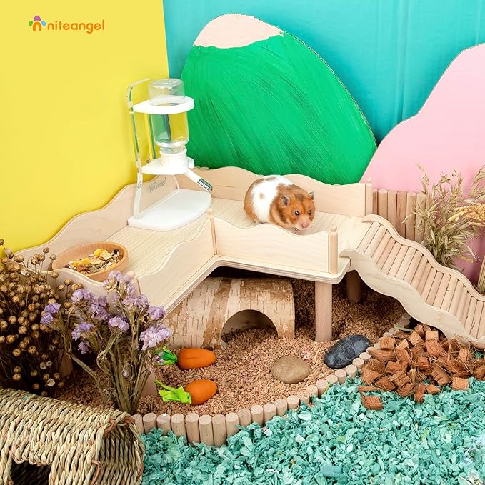 Niteangel Hamster Play Wooden Platform & Multi-Chamber Series Maze Fence for Dwarf Syrian Hamsters Gerbils Mice Degus or Other Small Pets (for 2 Chamber Hideout-Large)
