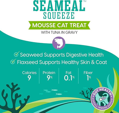 SeaMeal Squeeze Tuna Lickable Cat Treats with Seaweed for Skin & Coat - Wet Cat Treats with Digestive & Immune Health Support - Natural, Holistic, Grain Free (48 Squeezes)