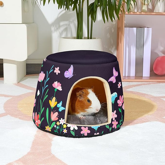Glittme Guinea Pig Hideout,2 in 1 Guinea Pig Bed with Removable Pad, Washable Bunny Bed,Rabbit,Butterflies
