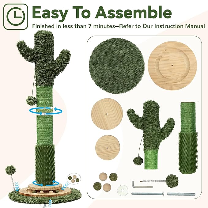 OTOB 36" Tall Cat Scratching Post, Natural Sisal Rope Cactus Cat Scratch Post, Vertical 6-in-1 Interactive Turntable Cat Scratcher Post with Soft Ball Toys, Protect Your Furniture for All Indoor Cats