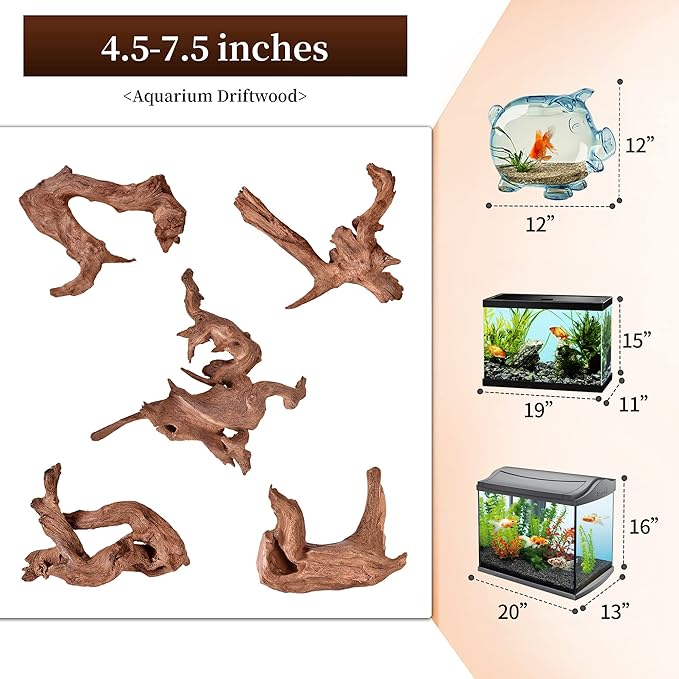 majoywoo Natural Small Coral Driftwood for Aquarium Decor Fish Tank Decorations, Assorted Driftwood Branch 4.5-7.5" 5 Pcs, Reptile Decor