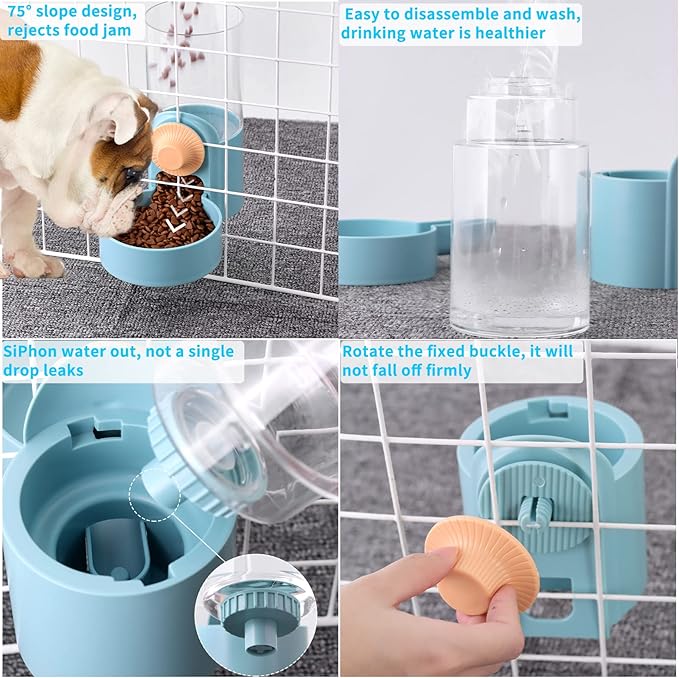 Kenond 40oz Hanging Automatic Rabbit Food and Water Dispenser, Dog Cage and Ferret Feeder, Gravity Cat Feeder Set, Cage Food Bowl for Bunny, Guinea Pig, Chinchilla (Green)