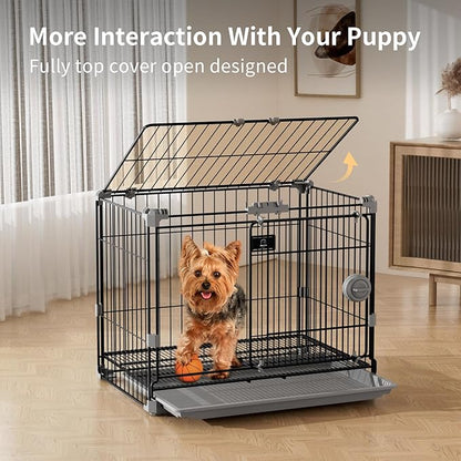 Dog Crate for Small Dogs Under 25lbs,24 inch Black Thick Metal Dog Kennel Indoor Wire Cage with Double Door and Removable Tray for Pets,Puppy