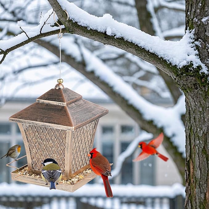 MYITYARD Bird Feeder for Outdoors Hanging, 4 lbs Large Capacity Metal Wild Bird Feeders - Vintage Bronze Finish Rust-Resistant Birdfeeder for Garden Yard Balcony Decor, Easy Fill
