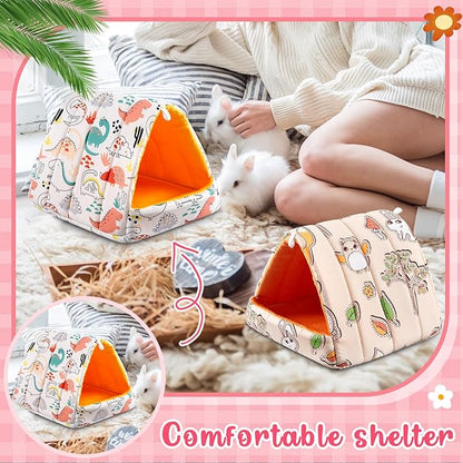 4 Pcs Guinea Pig Hideout, Guinea Pig Bed Tunnel, Rabbit Washable Small House Cage Accessories for Bunny Hedgehog Mouse Chinchillas Hamsters Ferrets Bearded Dragons Rats(Cartoon, 7.9 in)