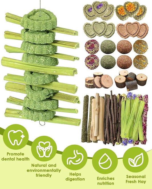 68pcs DIY Rabbit Chew Toys,Rabbit Toy for Bunnies Boredom Bunny Toys for Teeth, Timothy Stick, Apple Sticks, Sweet Bamboo, for Guinea Pig, Hamster, Chinchilla, Rat, Small Animals