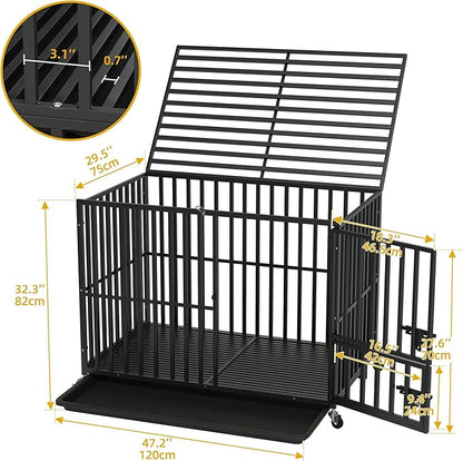 DWVO Heavy Duty Dog Crate, 47 Inch Escape-Proof Dog Cage Indoor Kennel for Medium Large Dogs with Lockable Wheels, 3-Door Design, High Anxiety Dogs Crate with Removable Trays